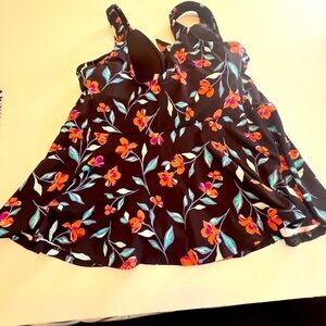 LAND’S END BLACK FLORAL (peach/purple/blue/white) TANKINI SIZE 16 W. NWOT